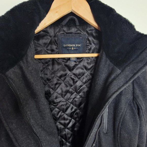 London Fog – Women Wool Faux Fur Trim Winter Jacket/Coat Charcoal Gray Medium - Picture 7 of 10